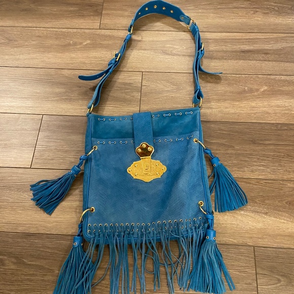 Stunning Large Emilio Pucci Turquoise Blue Suede Fringe Handbag - Picture 2 of 16